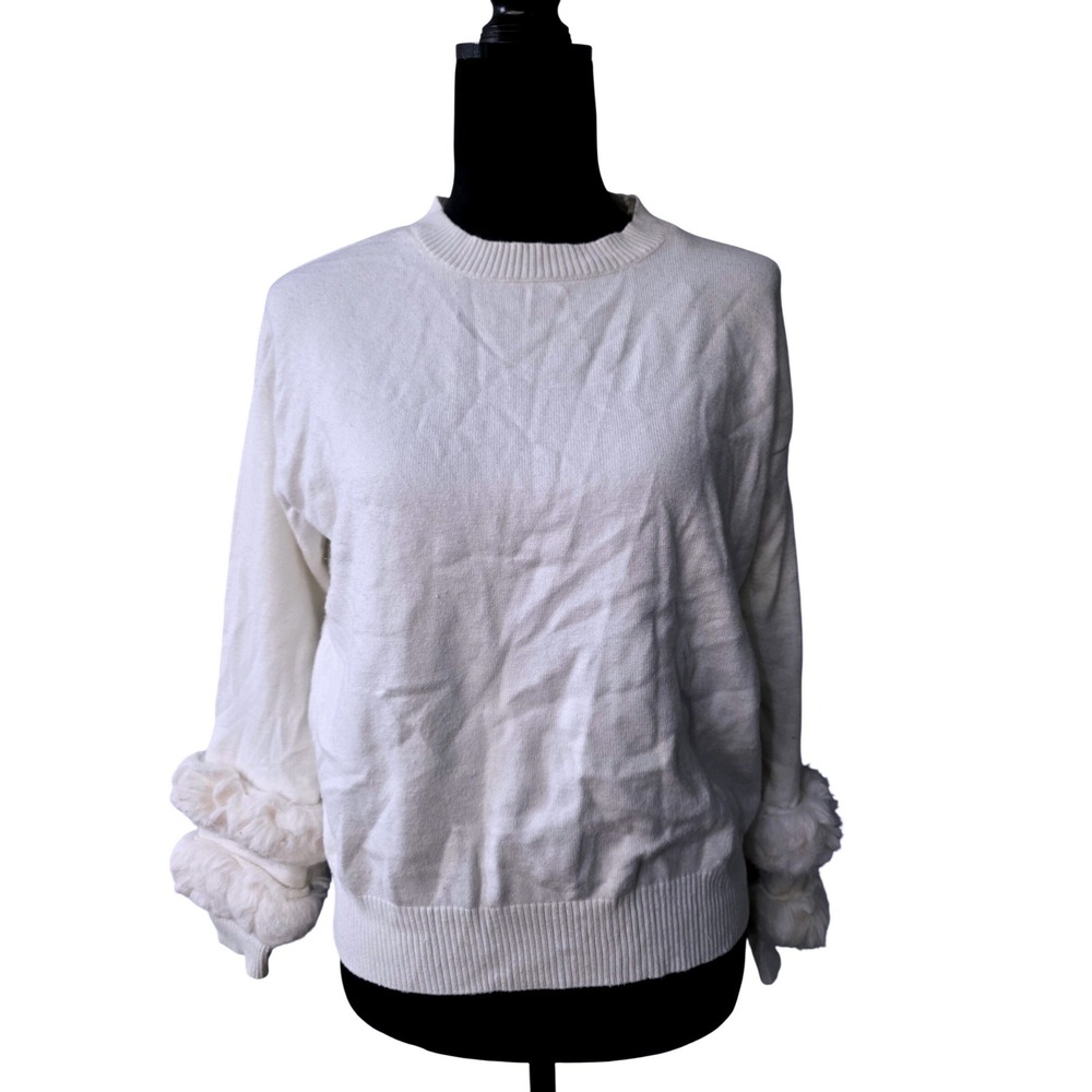BIRCH NY  Women's Cream Knit Sweater Faux Fur Cuffs‎ Pullover Size L A3